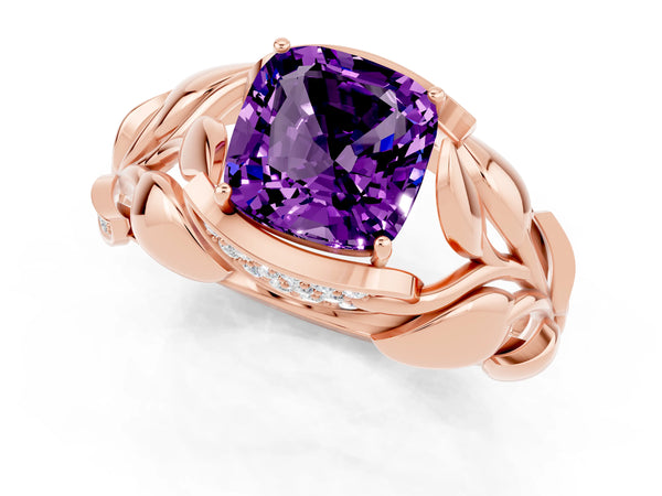 Rose gold Cushion Cut Amethyst Leaf-Inspired Engagement Ring with Round Accents and Prong Setting