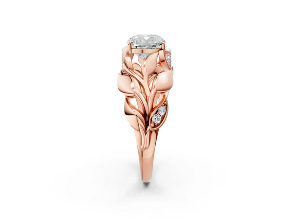 Rose Gold Cushion Cut Leaf Bypass Engagement Ring Setting with Pave Leaf Panels