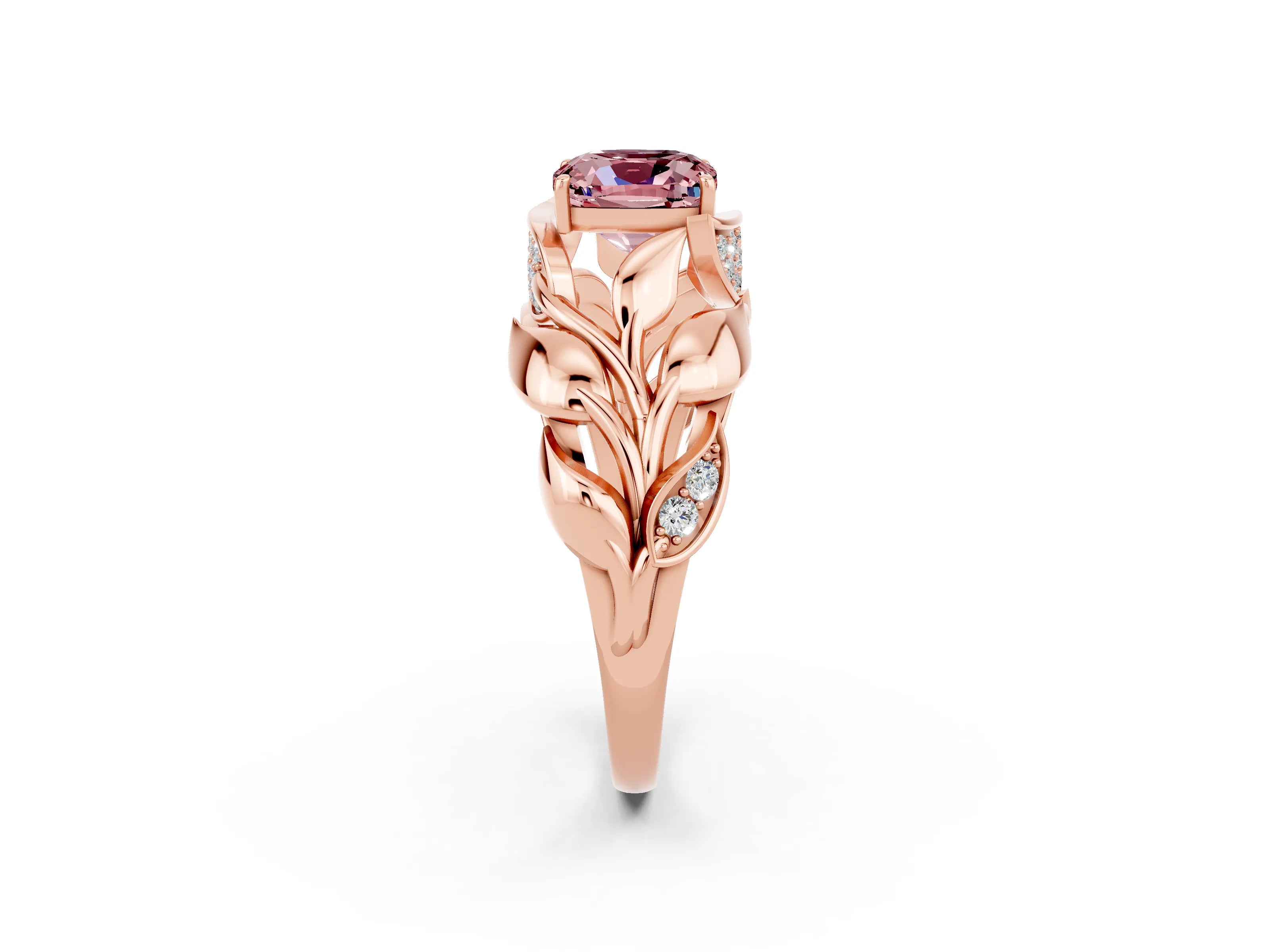 Rose gold Cushion Cut Solitaire Leaf-Inspired Engagement Ring with Prong Setting_2