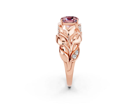Rose gold Cushion Cut Solitaire Leaf-Inspired Engagement Ring with Prong Setting_2
