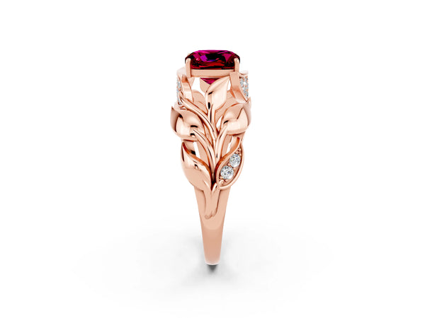 Rose gold Cushion Cut Garnet Leaf-Inspired Engagement Ring with Round Accents and Prong Setting