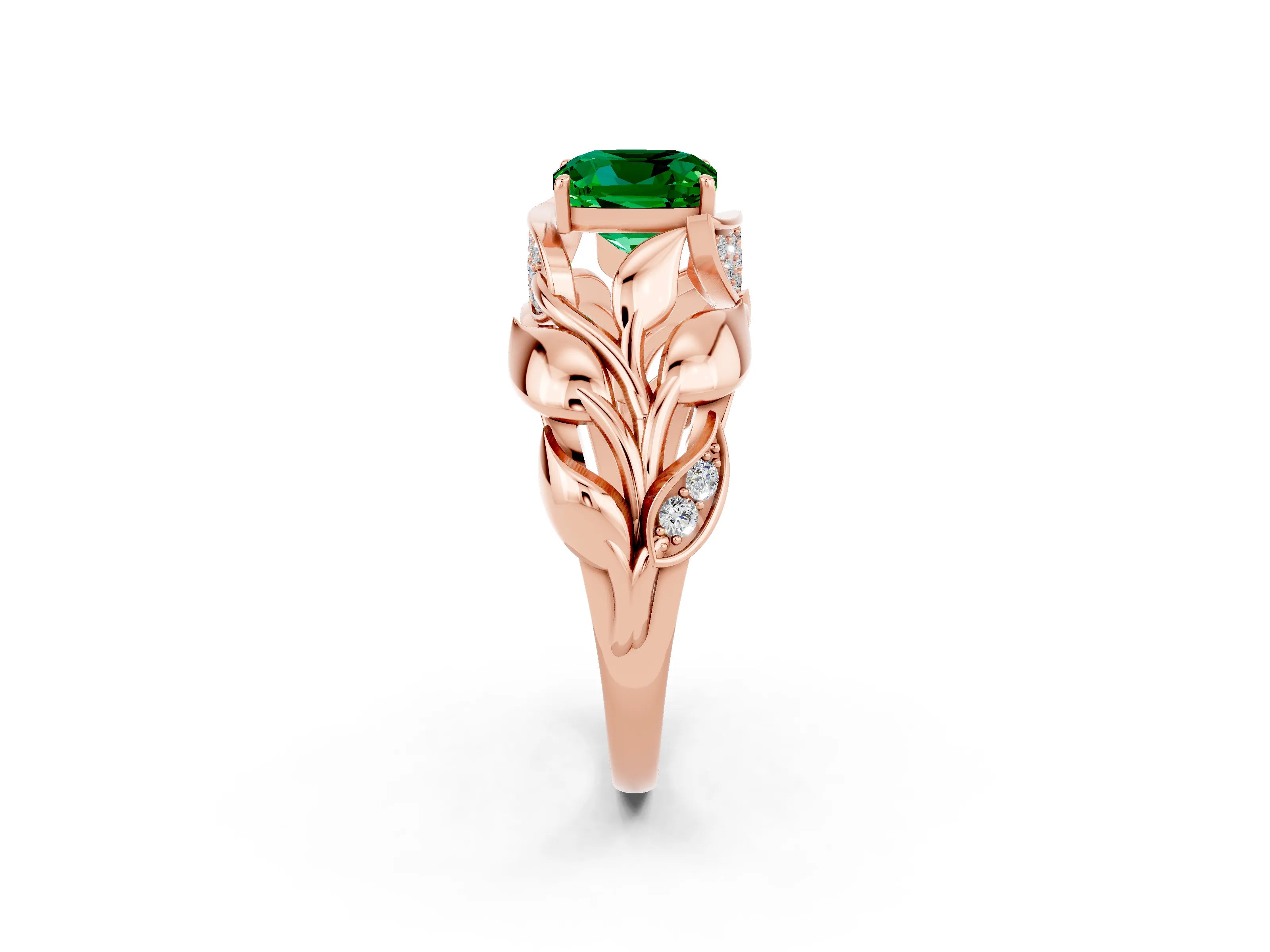 Rose gold Cushion Cut Solitaire Leaf-Inspired Engagement Ring with Prong Setting_2