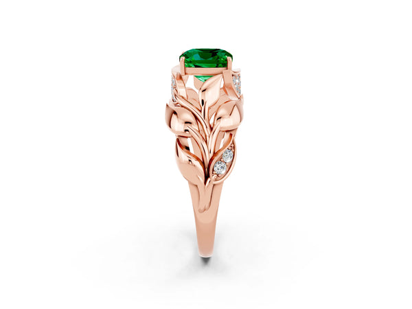 Rose gold Cushion Cut Emerald Leaf-Inspired Engagement Ring with Round Accents and Prong Setting