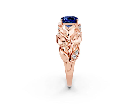 Rose gold Cushion Cut Solitaire Leaf-Inspired Engagement Ring with Prong Setting_2