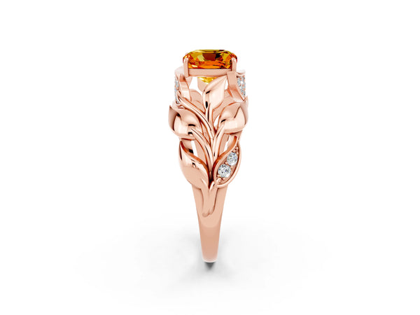 Rose gold Cushion Cut Citrine Leaf-Inspired Engagement Ring with Round Accents and Prong Setting