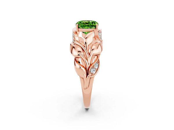 Rose gold Cushion Cut Solitaire Leaf-Inspired Engagement Ring with Prong Setting