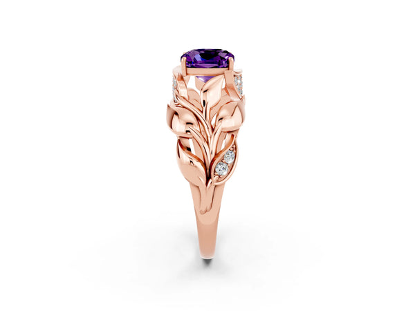 Rose gold Cushion Cut Amethyst Leaf-Inspired Engagement Ring with Round Accents and Prong Setting