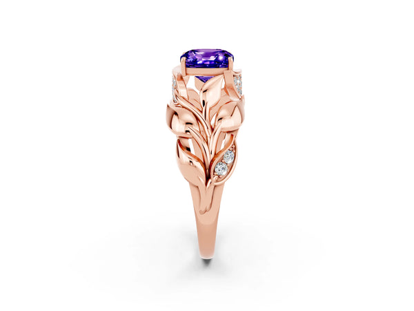 Rose gold Cushion Cut Tanzanite Leaf-Inspired Engagement Ring with Round Accents and Prong Setting