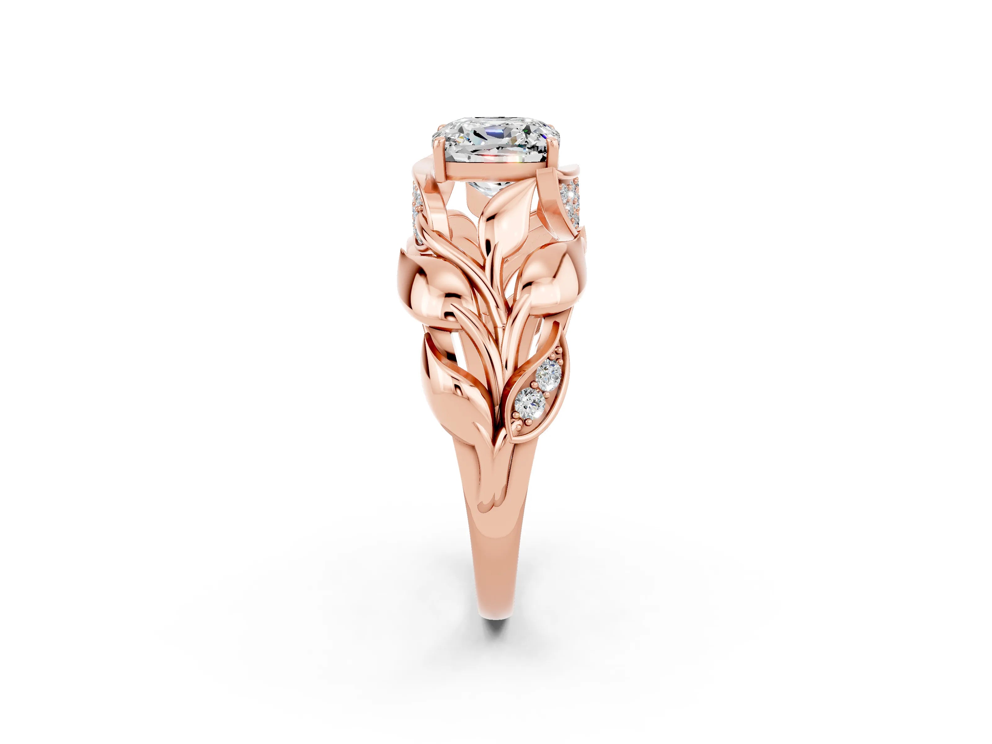 Rose gold Cushion Cut Solitaire Leaf-Inspired Engagement Ring with Prong Setting_2