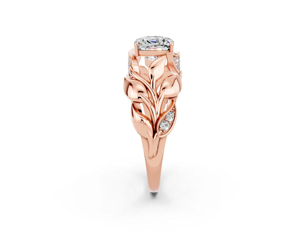 Rose gold Cushion Cut Moissanite Leaf-Inspired Engagement Ring with Round Accents and Prong Setting