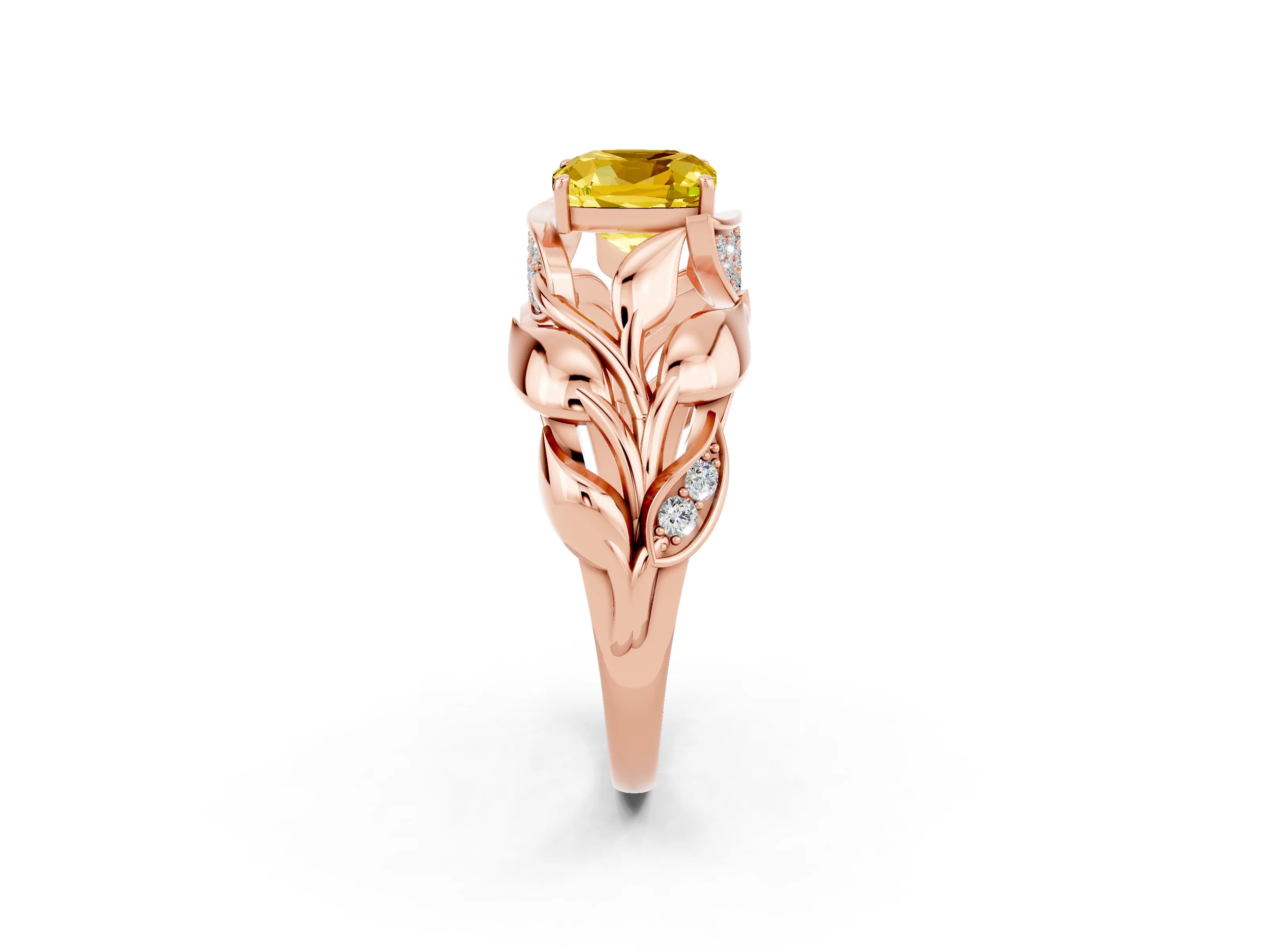 Rose gold Cushion Cut Solitaire Leaf-Inspired Engagement Ring with Prong Setting_2