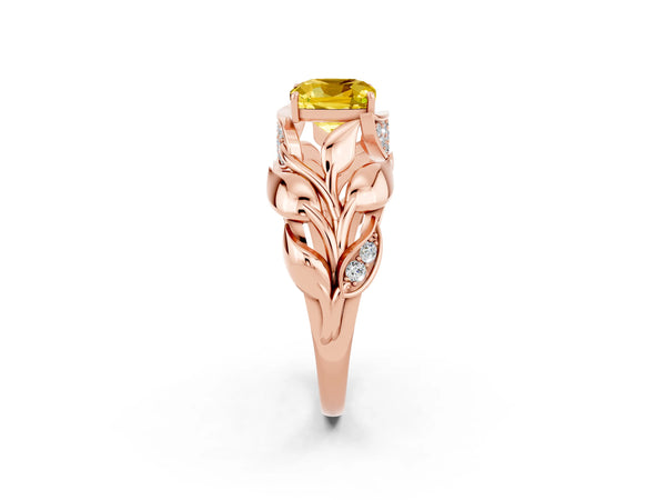 Rose gold Cushion Cut Yellow Sapphire Leaf-Inspired Engagement Ring with Round Accents and Prong Setting