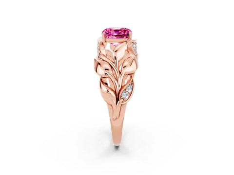 Rose gold Cushion Cut Solitaire Leaf-Inspired Engagement Ring with Prong Setting_2