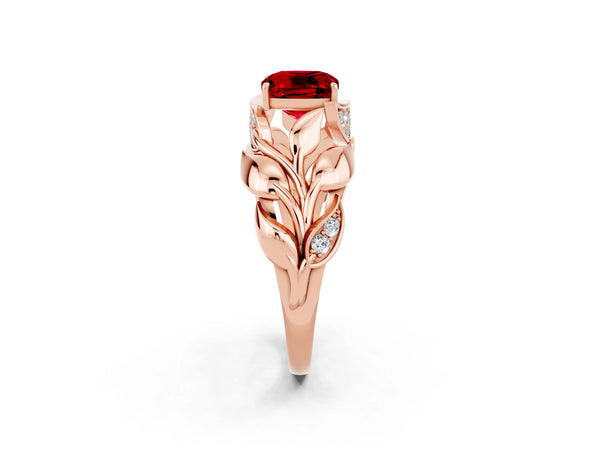 Rose gold Cushion Cut Ruby Leaf-Inspired Engagement Ring with Round Accents and Prong Setting