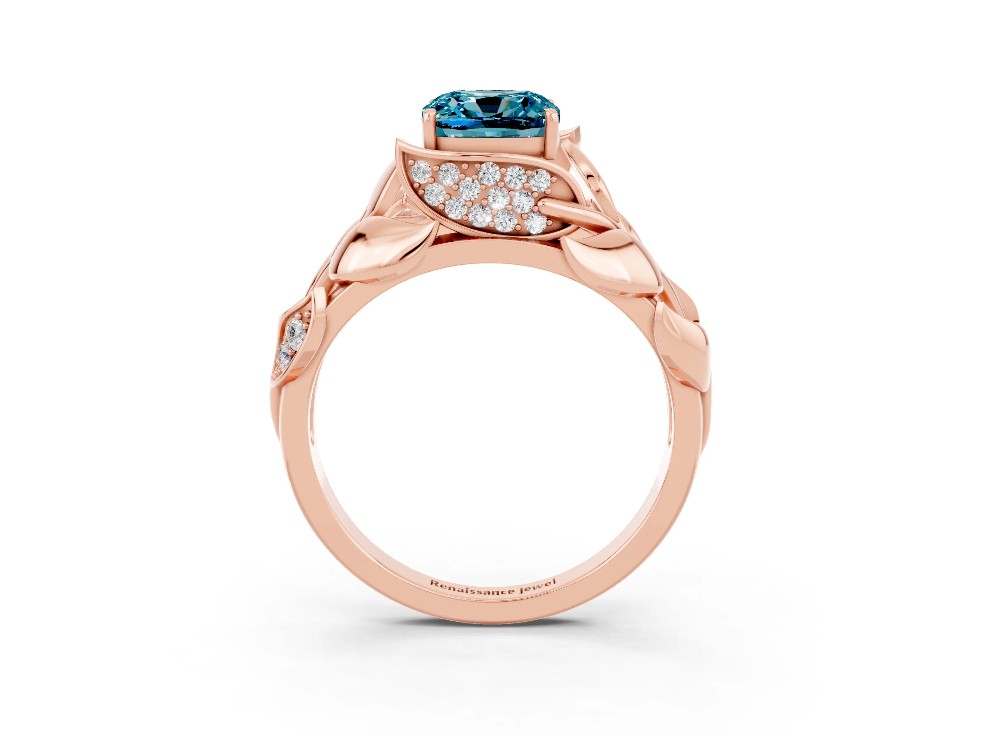 Rose gold Cushion Cut Solitaire Leaf-Inspired Engagement Ring with Prong Setting_3