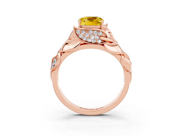Rose gold Cushion Cut Yellow Sapphire Leaf-Inspired Engagement Ring with Round Accents and Prong Setting