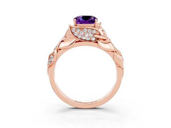 Rose gold Cushion Cut Amethyst Leaf-Inspired Engagement Ring with Round Accents and Prong Setting