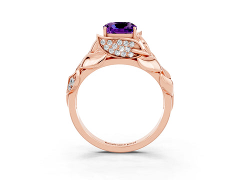 Rose gold Cushion Cut Solitaire Leaf-Inspired Engagement Ring with Prong Setting_3