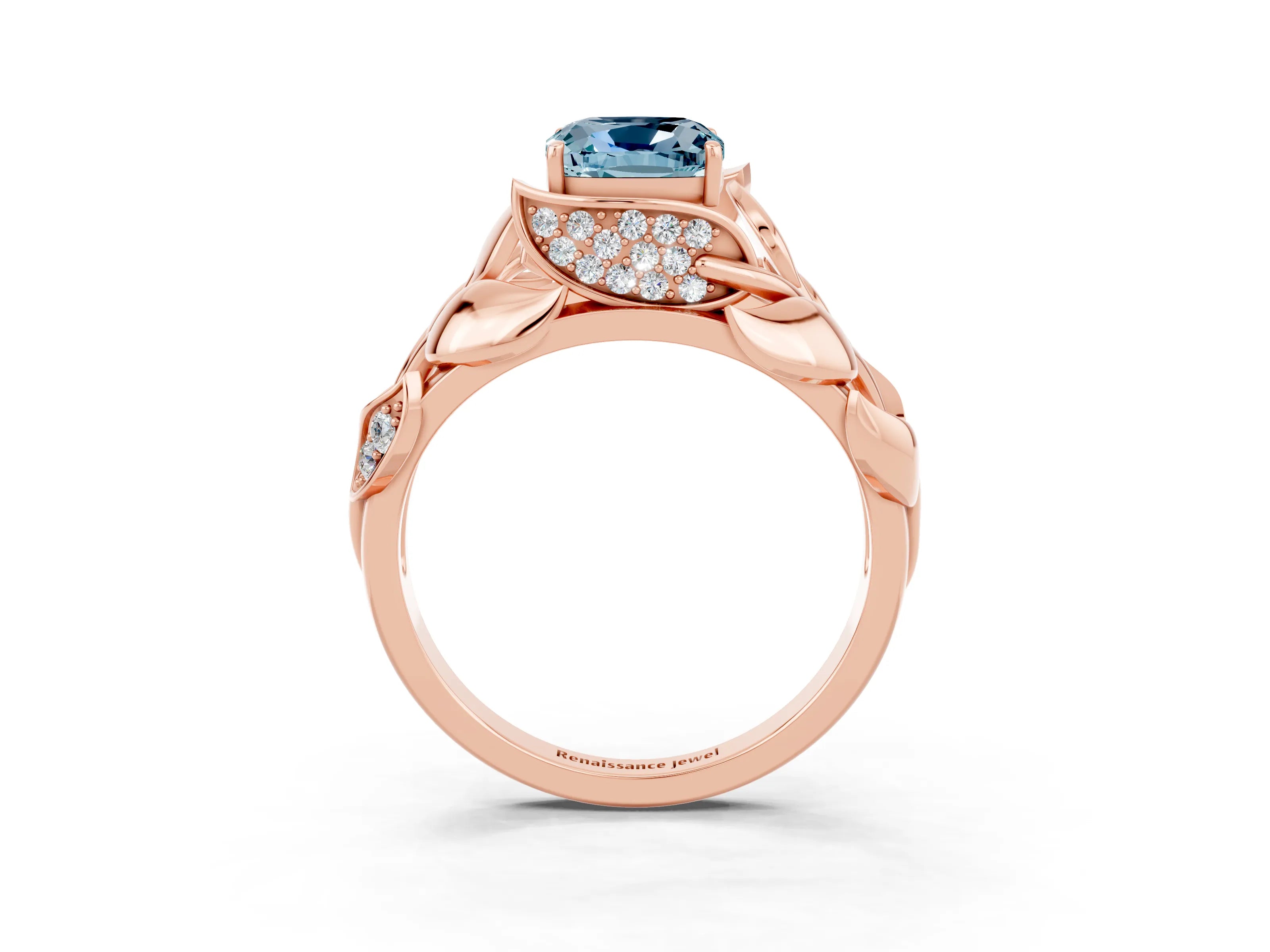 Rose gold Cushion Cut Solitaire Leaf-Inspired Engagement Ring with Prong Setting_3