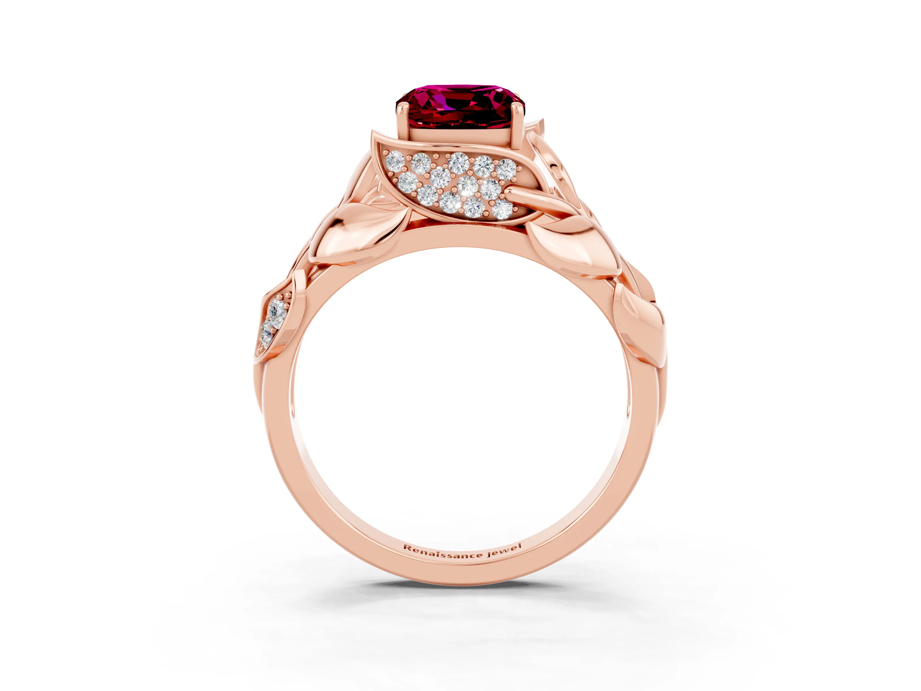 Rose gold Cushion Cut Solitaire Leaf-Inspired Engagement Ring with Prong Setting_3