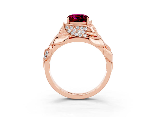 Rose gold Cushion Cut Garnet Leaf-Inspired Engagement Ring with Round Accents and Prong Setting