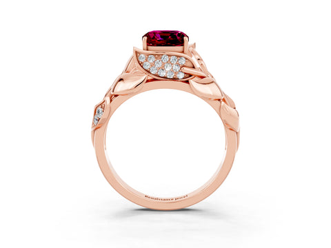 Rose gold Cushion Cut Solitaire Leaf-Inspired Engagement Ring with Prong Setting_3