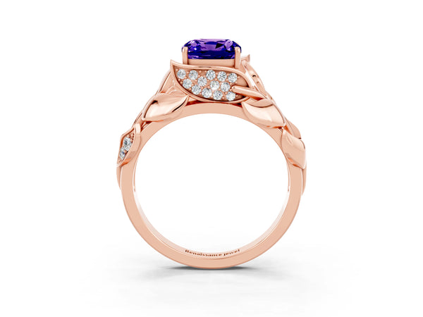 Rose gold Cushion Cut Tanzanite Leaf-Inspired Engagement Ring with Round Accents and Prong Setting