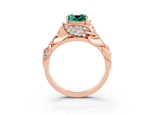 Rose gold Cushion Cut Green Sapphire Leaf-Inspired Engagement Ring with Round Accents and Prong Setting