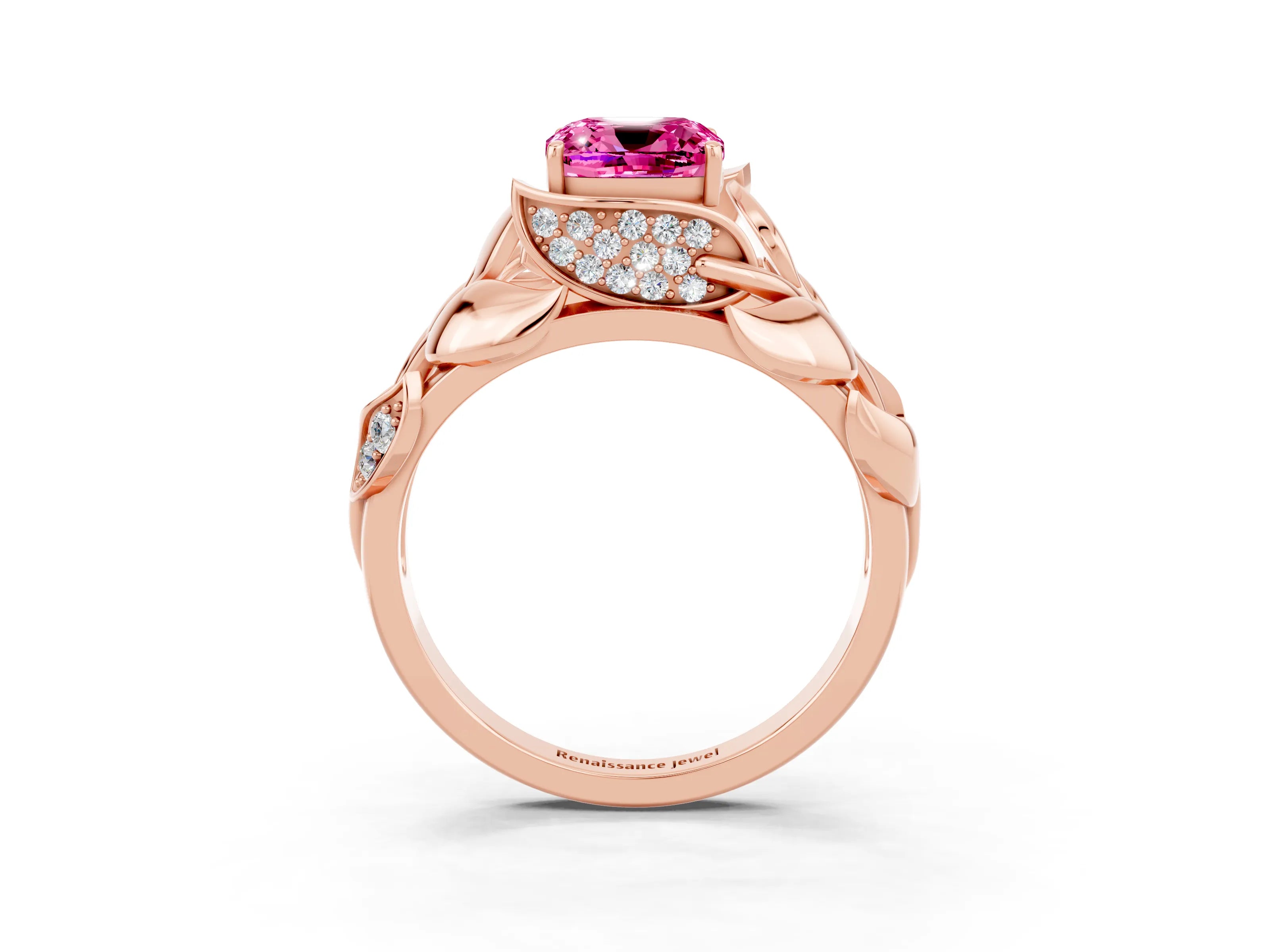 Rose gold Cushion Cut Solitaire Leaf-Inspired Engagement Ring with Prong Setting_3