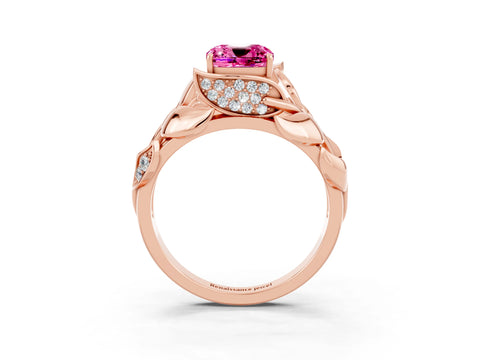 Rose gold Cushion Cut Solitaire Leaf-Inspired Engagement Ring with Prong Setting_3