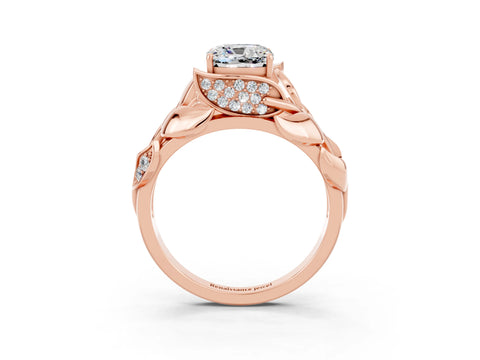 Rose gold Cushion Cut Solitaire Leaf-Inspired Engagement Ring with Prong Setting_3
