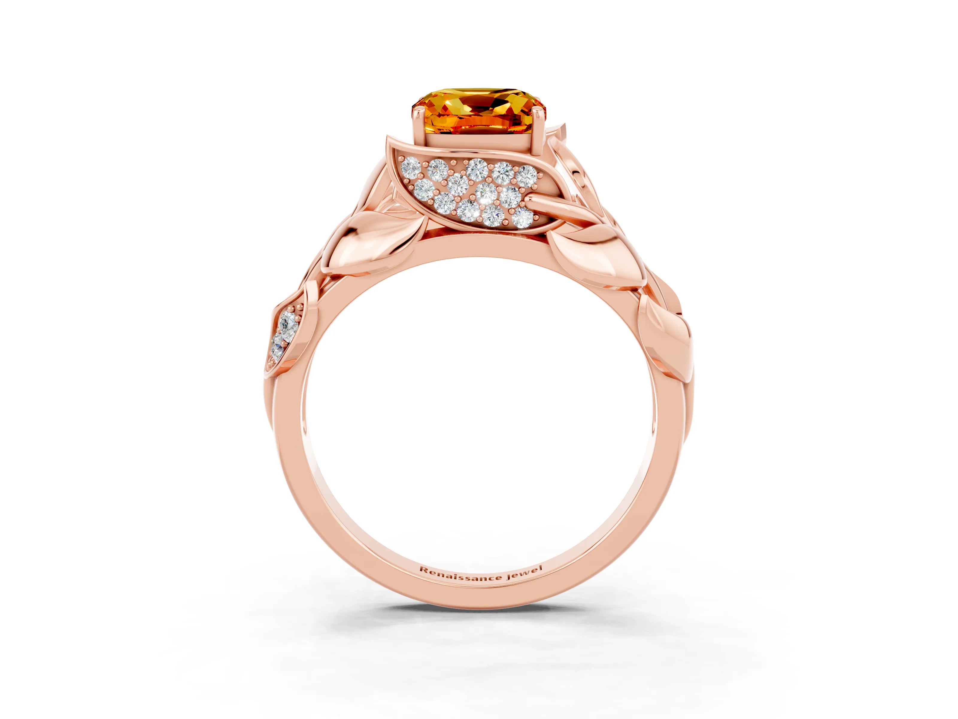 Rose gold Cushion Cut Solitaire Leaf-Inspired Engagement Ring with Prong Setting_3