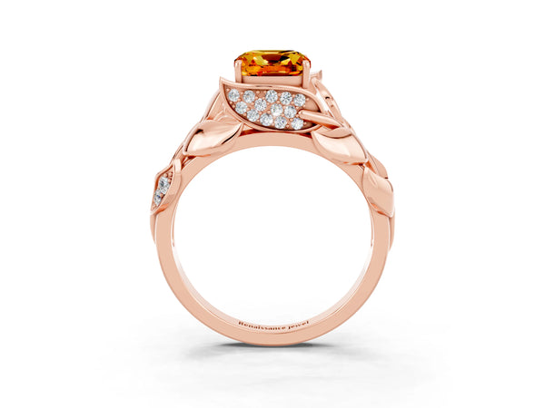 Rose gold Cushion Cut Citrine Leaf-Inspired Engagement Ring with Round Accents and Prong Setting