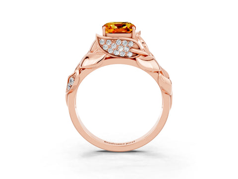 Rose gold Cushion Cut Solitaire Leaf-Inspired Engagement Ring with Prong Setting_3