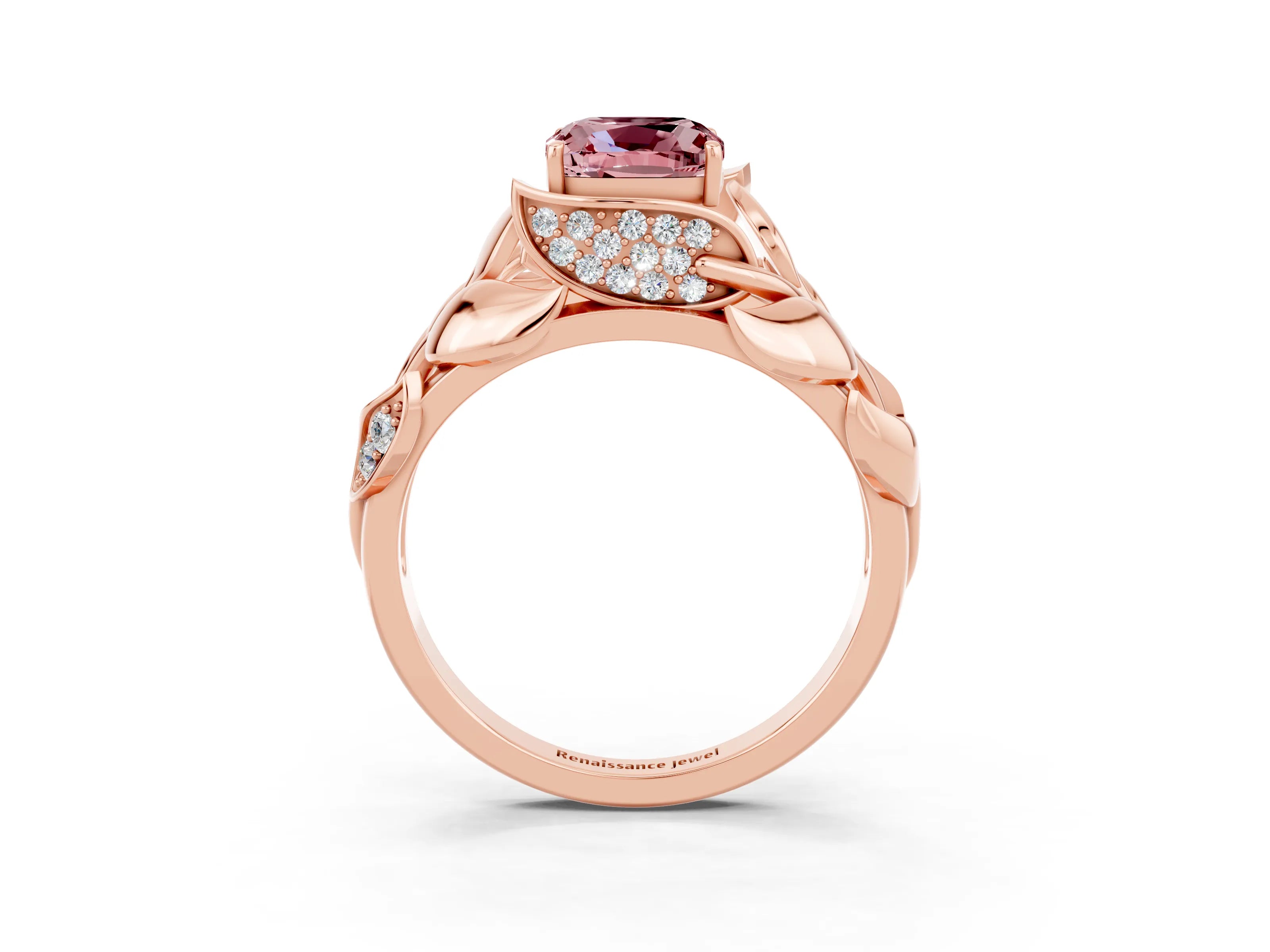 Rose gold Cushion Cut Solitaire Leaf-Inspired Engagement Ring with Prong Setting_3