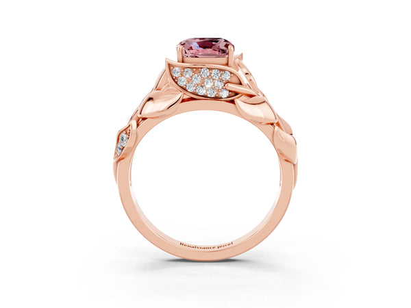 Rose gold Cushion Cut Solitaire Leaf-Inspired Engagement Ring with Prong Setting