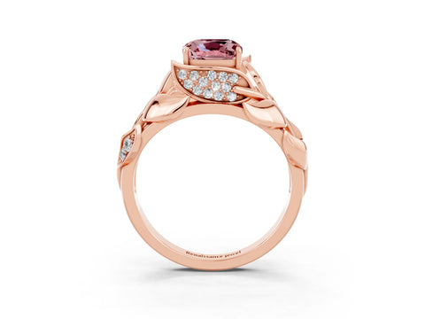 Rose gold Cushion Cut Solitaire Leaf-Inspired Engagement Ring with Prong Setting_3