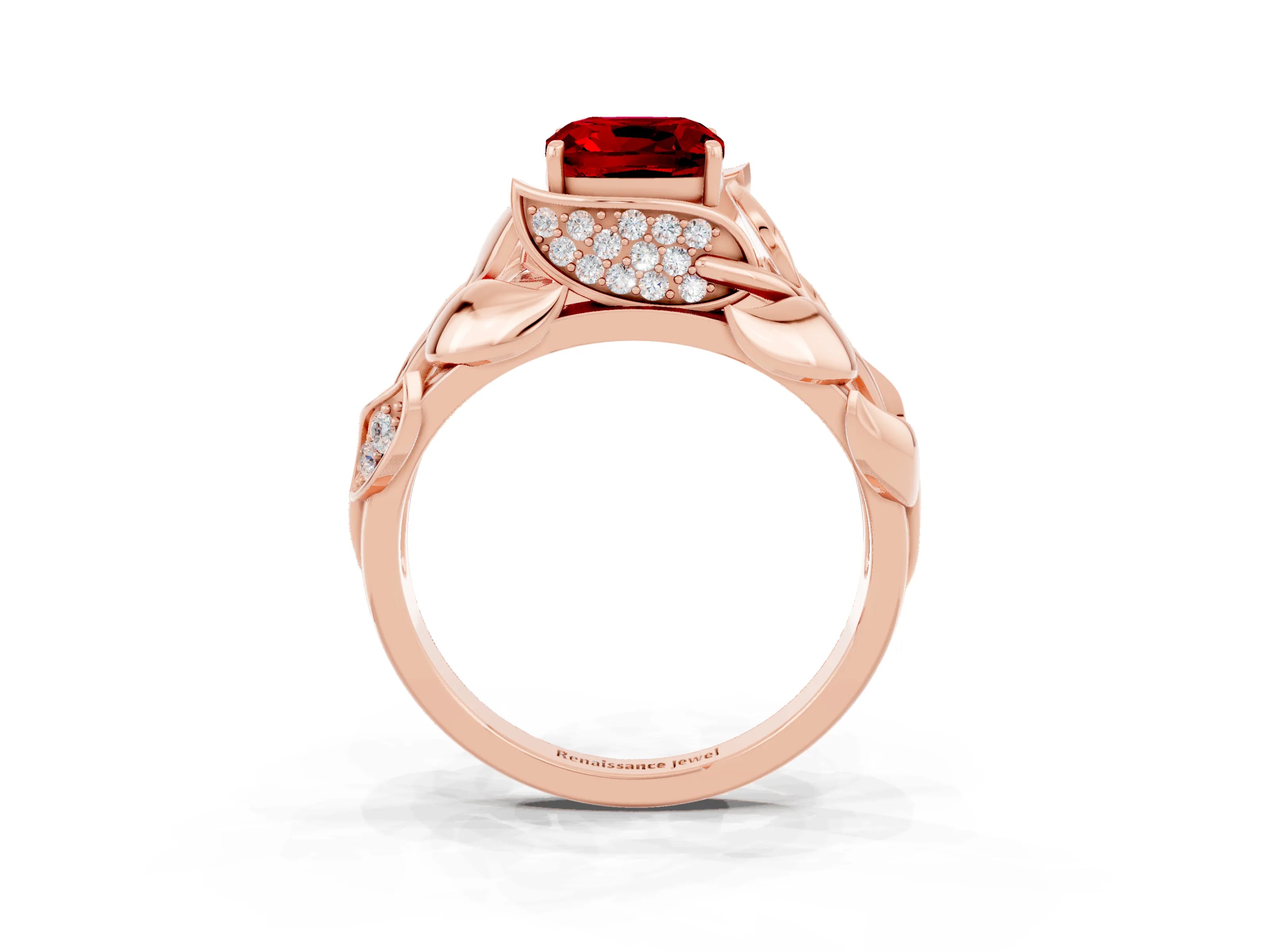 Rose gold Cushion Cut Solitaire Leaf-Inspired Engagement Ring with Prong Setting_3