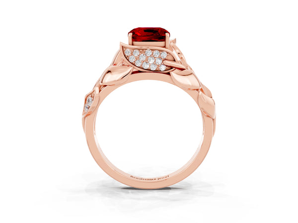 Rose gold Cushion Cut Ruby Leaf-Inspired Engagement Ring with Round Accents and Prong Setting
