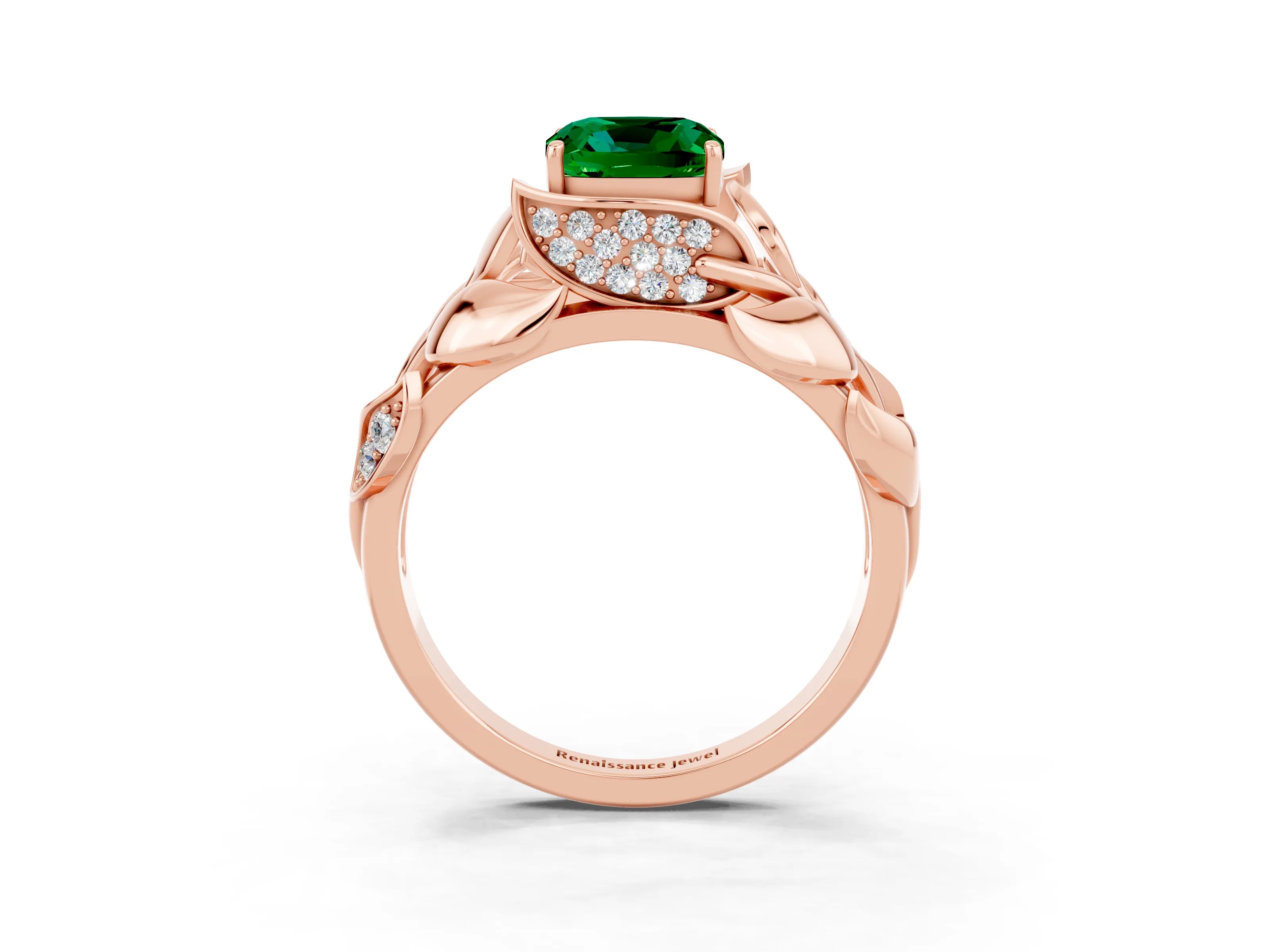 Rose gold Cushion Cut Solitaire Leaf-Inspired Engagement Ring with Prong Setting_3