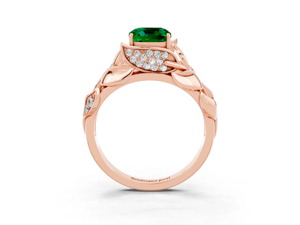 Rose gold Cushion Cut Emerald Leaf-Inspired Engagement Ring with Round Accents and Prong Setting