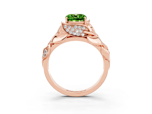 Rose gold Cushion Cut Solitaire Leaf-Inspired Engagement Ring with Prong Setting