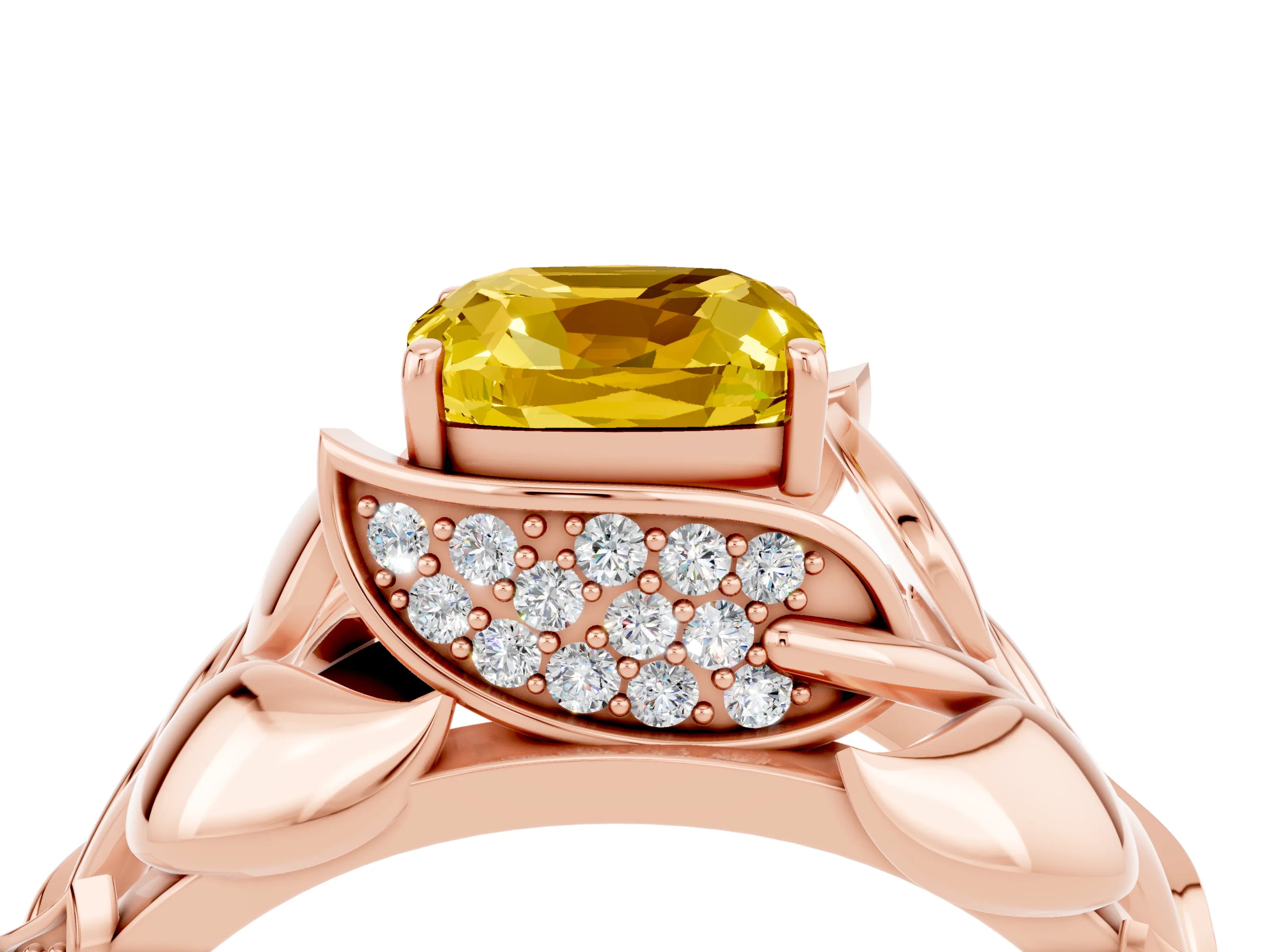 Rose gold Cushion Cut Solitaire Leaf-Inspired Engagement Ring with Prong Setting_4