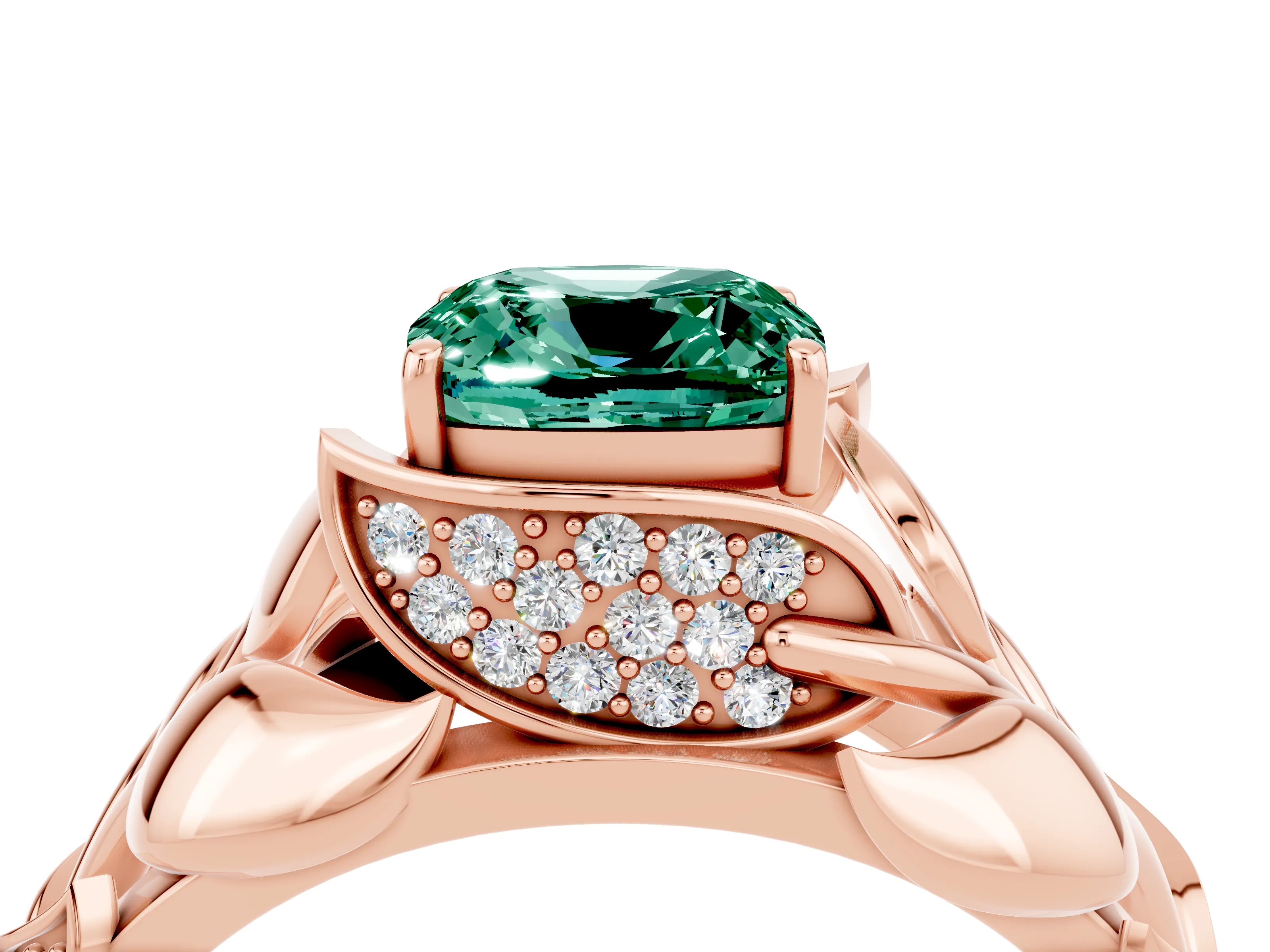 Rose gold Cushion Cut Solitaire Leaf-Inspired Engagement Ring with Prong Setting_4