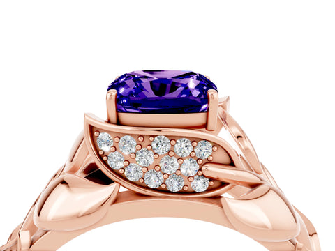 Rose gold Cushion Cut Solitaire Leaf-Inspired Engagement Ring with Prong Setting_4