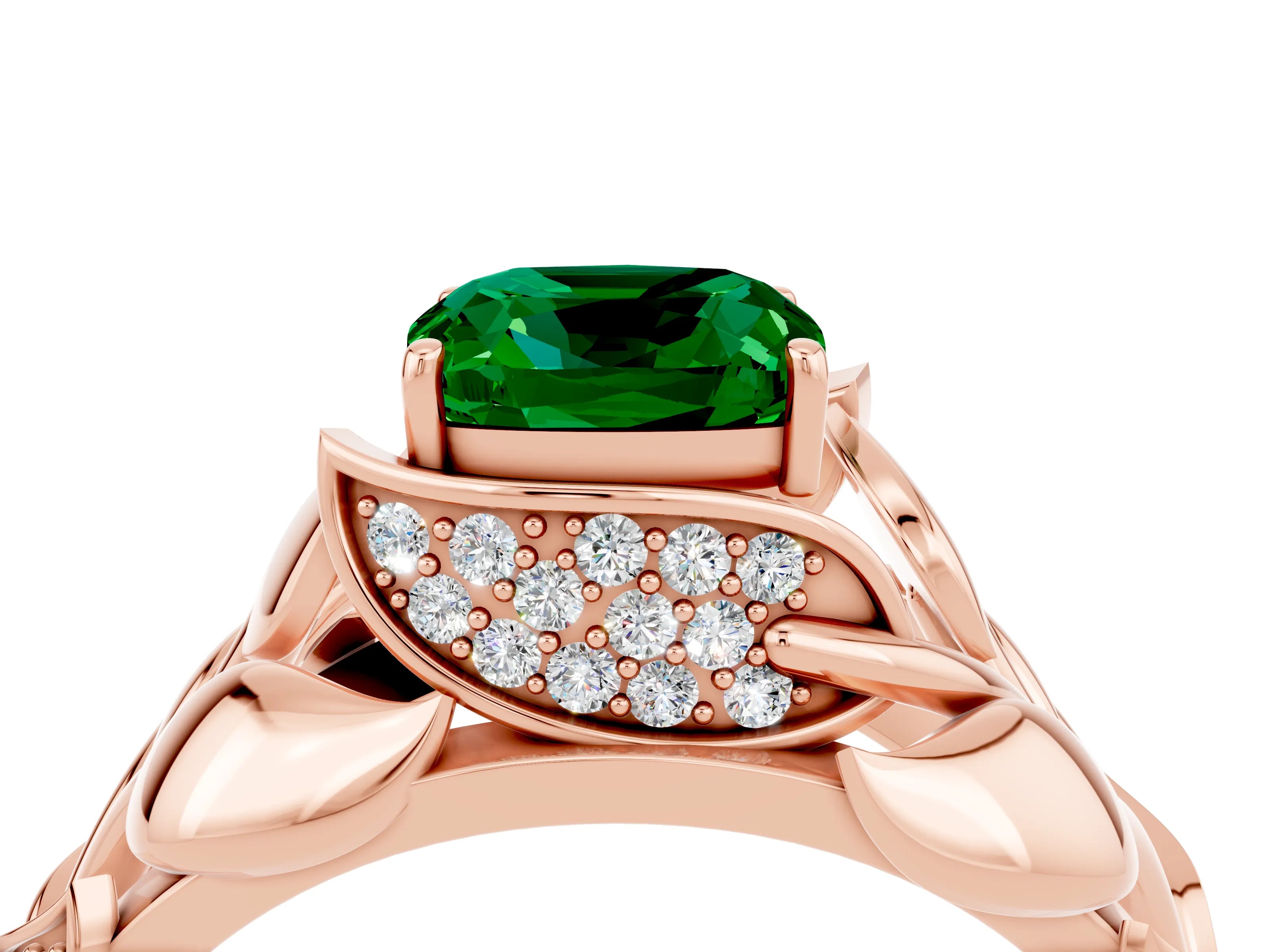 Rose gold Cushion Cut Solitaire Leaf-Inspired Engagement Ring with Prong Setting_4