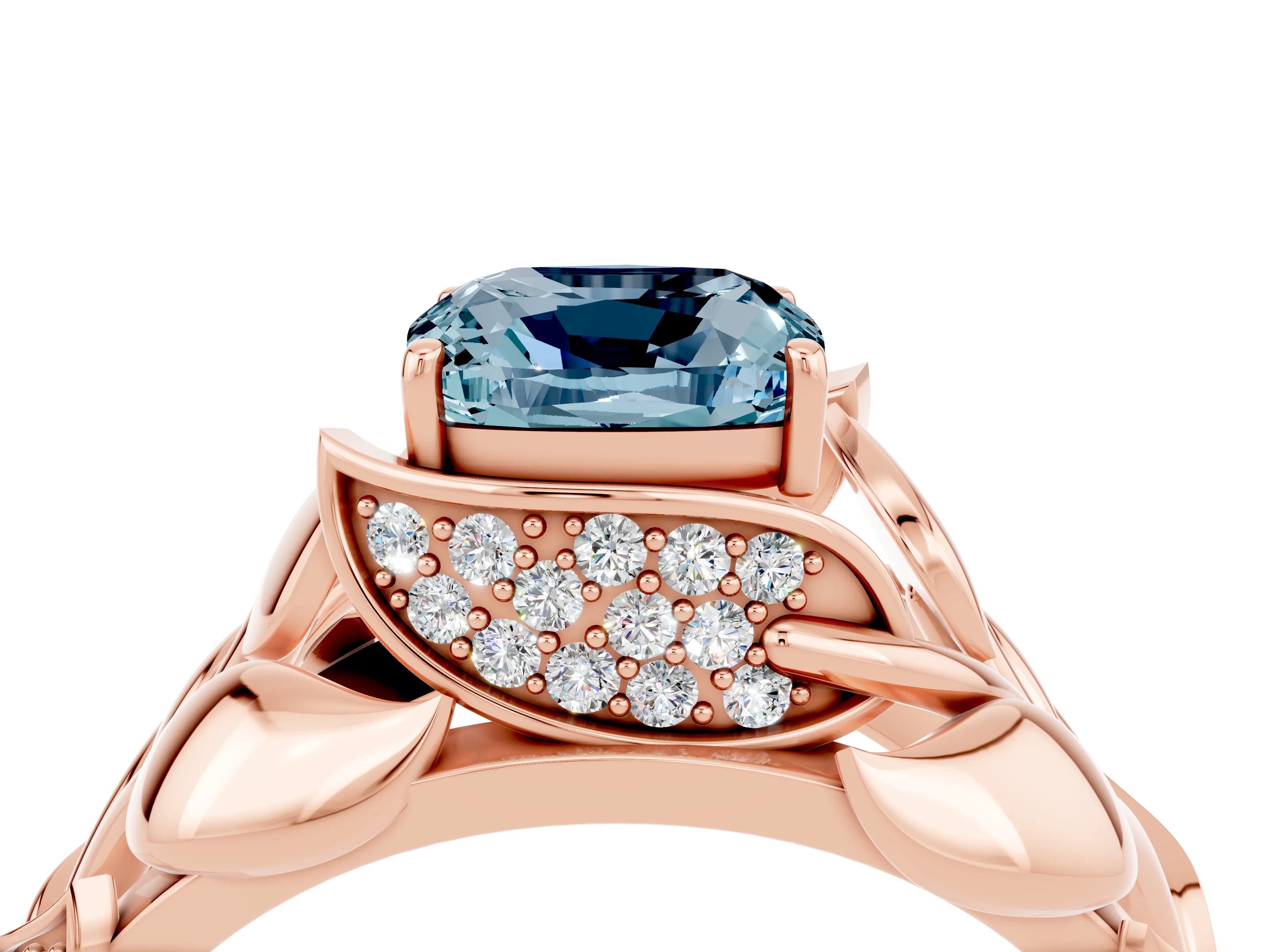 Rose gold Cushion Cut Solitaire Leaf-Inspired Engagement Ring with Prong Setting_4