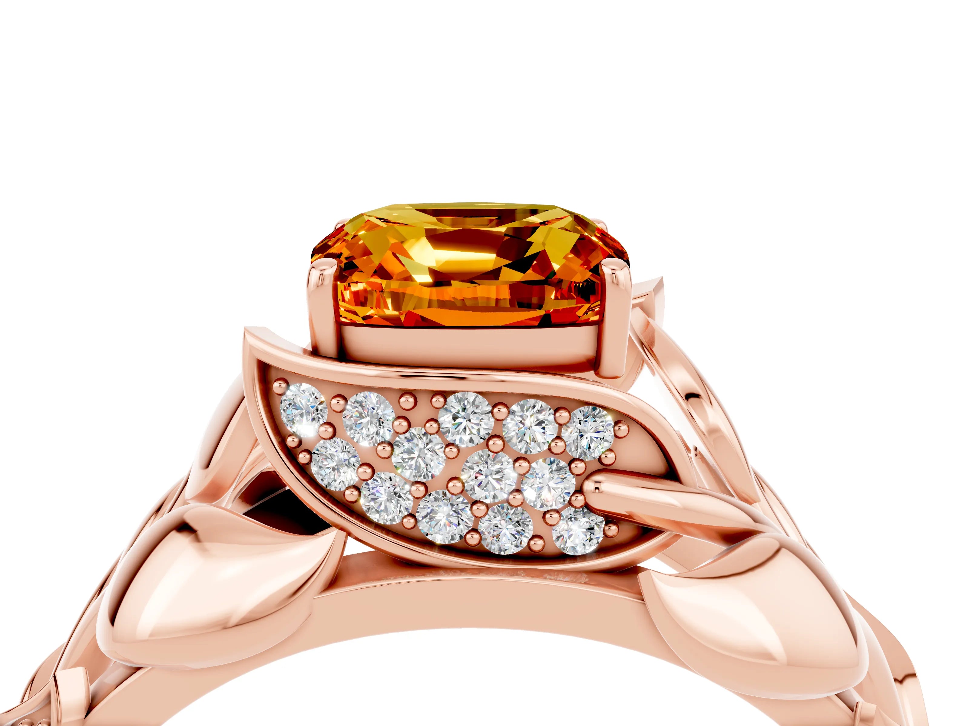 Rose gold Cushion Cut Solitaire Leaf-Inspired Engagement Ring with Prong Setting_4