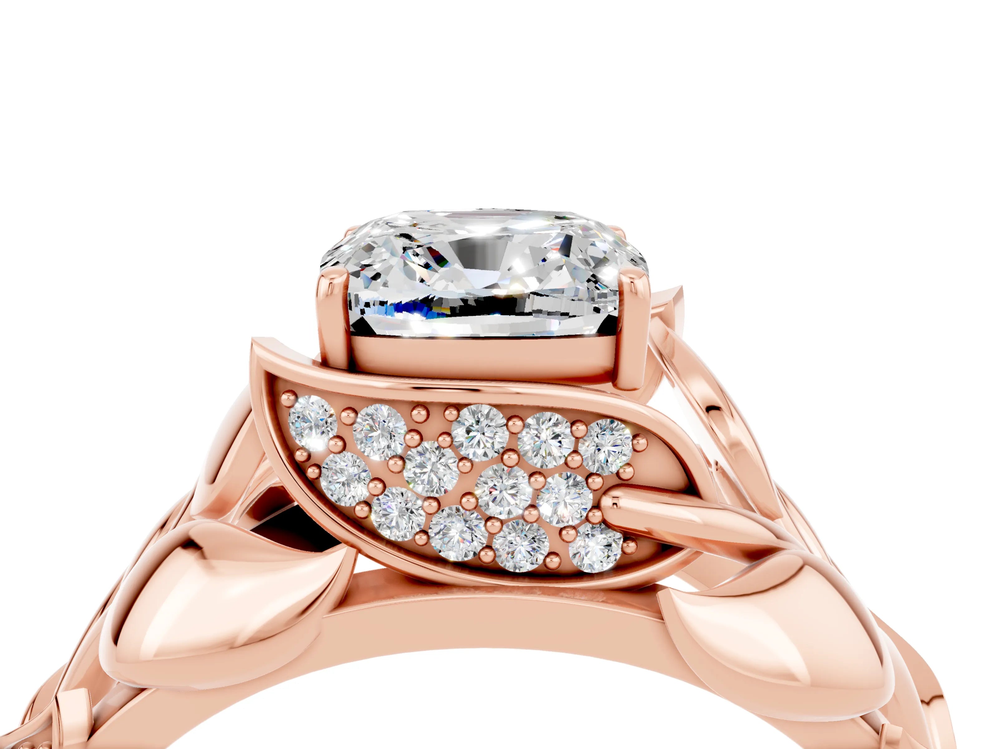 Rose gold Cushion Cut Solitaire Leaf-Inspired Engagement Ring with Prong Setting_4
