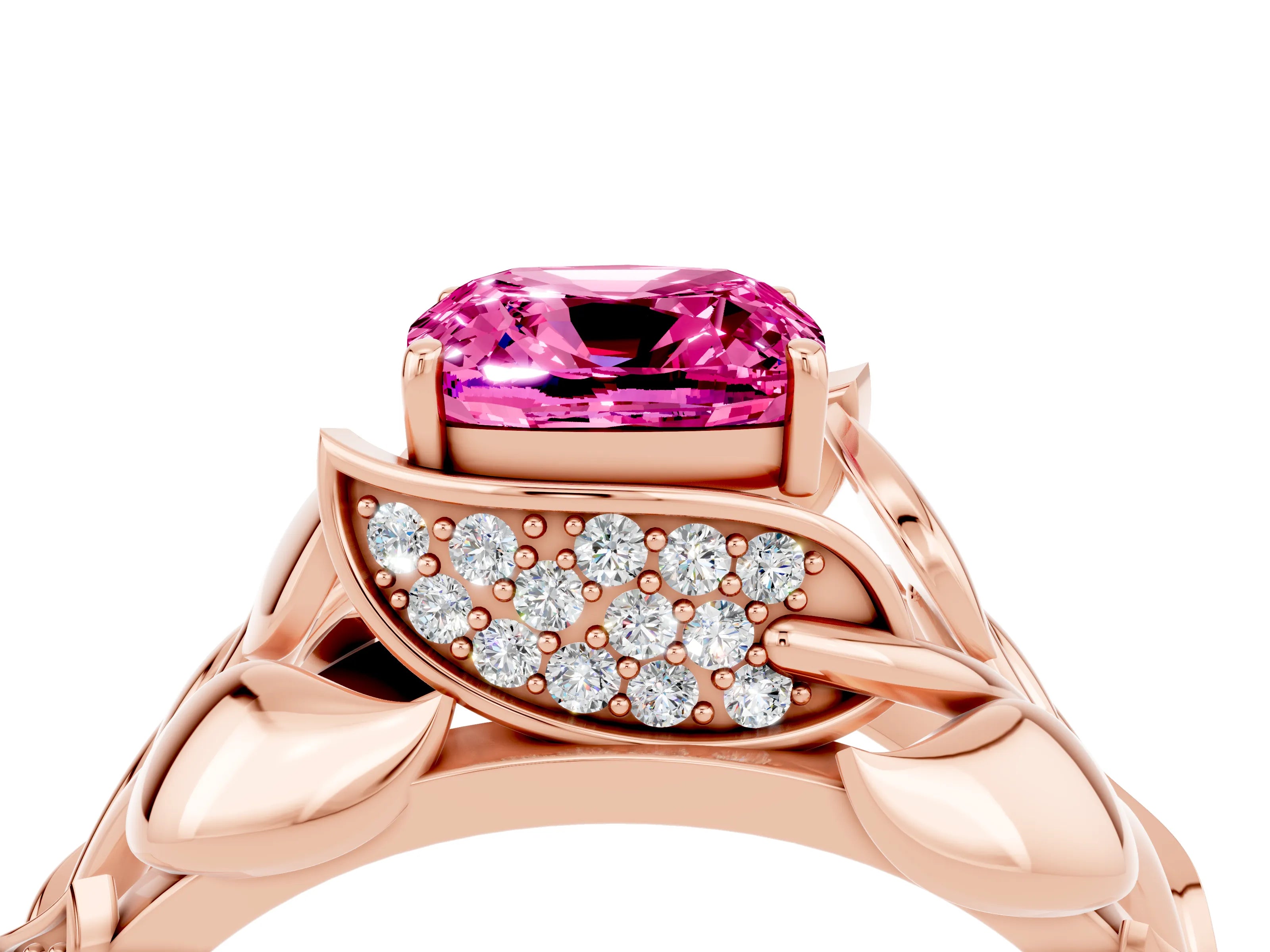 Rose gold Cushion Cut Solitaire Leaf-Inspired Engagement Ring with Prong Setting_4